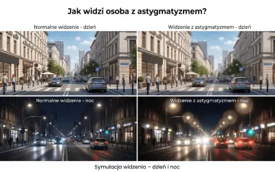 Symulacja widzenia ulicy w dzień i w nocy, pokazująca, jak rozmyte i zniekształcone są światła, gdy widzi osoba z astygmatyzmem.