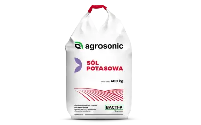 Worek nawozu "Sól potasowa" od Agrosonic, 600 kg. Produkt BACTI-P wspomaga nawożenie.