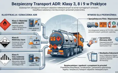 Transport ADR: klasyfikacja materiałów (klasy 3, 8, 9), wymagania dla przewoźnika i dokumentacja. Bezpieczeństwo to priorytet!