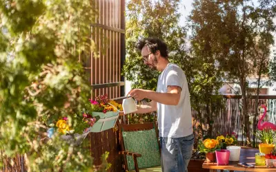 Un homme arrose une plante brise-vue qui pousse vite en bac sur son balcon ensoleillé.