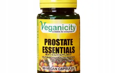 Suplement diety Prostate Essentials od Veganicity, zawierający ekstrakt z kory śliwy afrykańskiej, wspiera zdrowie prostaty. 60 kapsułek wegańskich.