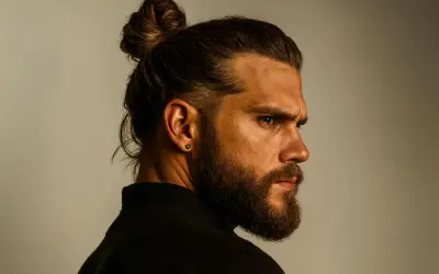 Un homme au regard intense, sa barbe bien taillée et un chignon homme (man bun) impeccable.