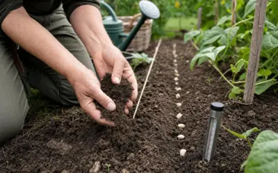 Mains tenant de la terre pour semer des haricots verts, suivant la tradition de semer avec la lune. Un thermomètre de sol est planté à proximité.