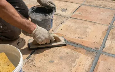 Application d'enduit pour joint carrelage extérieur. Un artisan, ganté, lisse le mortier gris avec une taloche sur des carreaux de terre cuite.