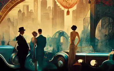Elegancka para i samotna kobieta podziwiają panoramę miasta w stylu art deco. Malarze tego okresu uchwycili tę atmosferę.
