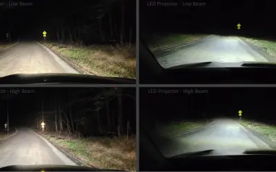 Confronto fari auto: incandescenza vs LED su strada buia. I fendinebbia LED illuminano meglio.