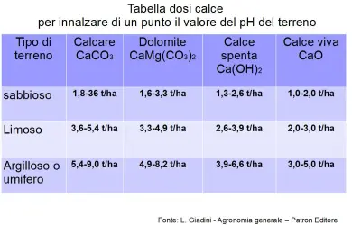 Tabella dosi per innalzare il pH del terreno. La colonna "Calce viva CaO" indica le quantità (t/ha) per terreni sabbiosi, limosi e argillosi.