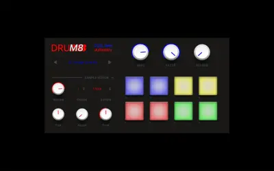 DRUM8 interface, a free percussion VST, features sample editing, volume, pan, attack, tune controls, and colorful pads for creating beats.