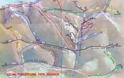 Mapa szlaków turystycznych Tatr Polskich, z zaznaczonym szlakiem na Ornak z Doliny Kościeliskiej.