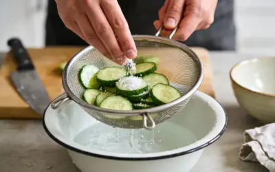 Préparation d'un concombre à la crème : des rondelles de concombre sont salées dans une passoire au-dessus d'un bol d'eau.
