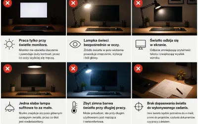 Złe oświetlenie biurka: światło monitora, lampka w oczy, odbicia, słaba lampa sufitowa, zimna barwa, brak dopasowania. Co to światło? To klucz do komfortowej pracy.