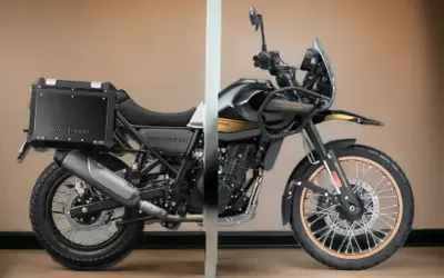 Dwóch połówek motocykla Royal Enfield Himalayan, z czarną kufrem z tyłu i osłoną silnika z przodu, gotowych na przygodę.