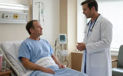 Lekarz rozmawia z pacjentem w szpitalu. Pacjent leży w łóżku, a lekarz stoi obok. Rozmowa dotyczy tego, ile trwa pobyt w szpitalu na badaniach.