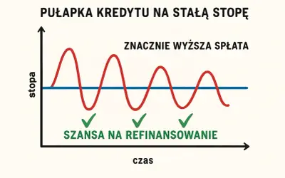 Wykres pokazuje pułapkę kredytu na stałą stopę. Fale stopy procentowej oscylują, a gdy spadają poniżej linii, pojawia się szansa na refinansowanie.