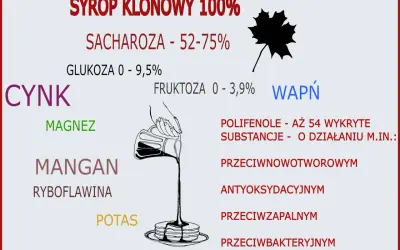 Syrop klonowy 100% zawiera cukry, minerały (cynk, magnez, mangan, potas, wapń) i polifenole. Warto sprawdzić syrop klonowy kcal.