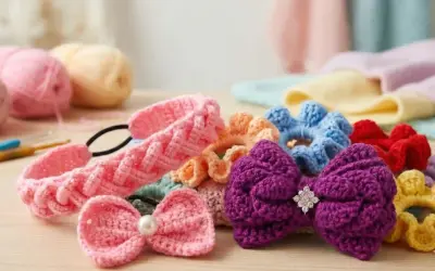Coletero crochet de varios colores, con lazos y flores, junto a ovillos de lana y ganchillos.
