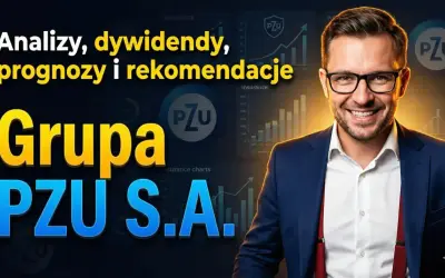 Uśmiechnięty mężczyzna w garniturze na tle wykresów i logo PZU. Analizy, dywidendy, prognozy i rekomendacje dla Grupy PZU S.A.