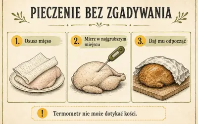 Instrukcja pieczenia kurczaka: osusz mięso, zmierz temperaturę w najgrubszym miejscu, daj mu odpocząć. Termometr nie może dotykać kości.