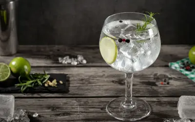 Orzeźwiający gin z tonikiem, udekorowany plasterkiem limonki, gałązką rozmarynu i ziarnami pieprzu. Idealny na letnie wieczory.