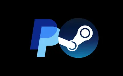 Logo PayPal połączone z logo Steam na czarnym tle.