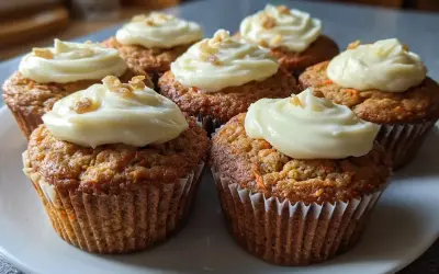 Sju saftiga morotskaka muffins med krämig frosting och hackade nötter. Perfekta för fikat!