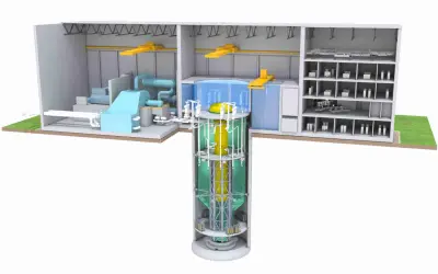 Przekrój reaktora BWRX-300: pionowy rdzeń w zielonym basenie, turbina, generator i pomieszczenia kontrolne.