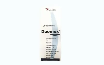 Opakowanie leku Duomox 1g, zawierające 20 tabletek. Stosowany na infekcje bakteryjne.