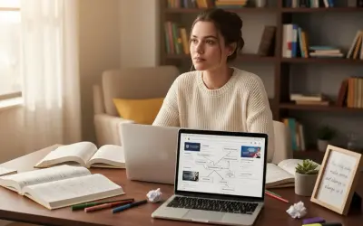 Młoda kobieta pogrążona w nauce, przygotowująca się do kognitywistyka studia. Na biurku laptopy, otwarte książki i przybory do pisania.