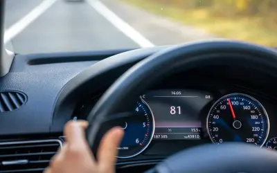 Widok na deskę rozdzielczą samochodu z włączonym tempomatem. Prędkość wynosi 81 km/h.