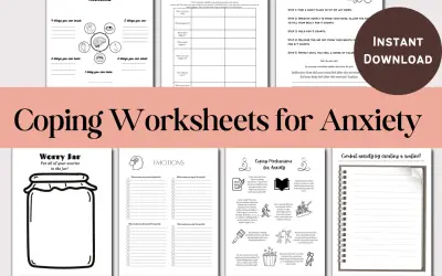 Zestaw kart pracy "Coping Worksheets for Anxiety" pomaga radzić sobie z lękiem, oferując ćwiczenia takie jak metoda uziemiająca i techniki oddechowe.