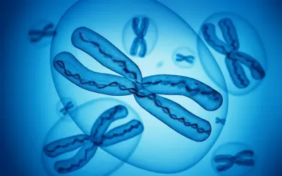 Chromosomy w niebieskich bańkach, jeden z nich jest powiększony. Obraz symbolizuje zespół Turnera.
