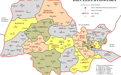 Mapa Diecezji Bydgoskiej. Jak sprawdzić czy parafia należy do konkretnej diecezji? Mapa pokazuje granice dekanatów i parafie.