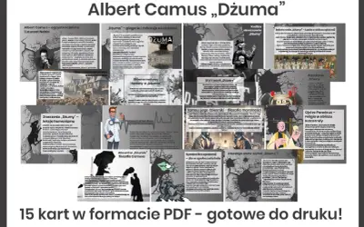 Kolaż grafik i fragmentów tekstu z analizą "Dżumy" Alberta Camusa.