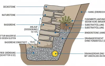 Schnittzeichnung einer Trockenmauer: Natursteine, Substratfüllung, Drainagerohr und Fugenbepflanzung.