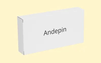 Białe pudełko z napisem "Andepin" na jasnym, żółtym tle.
