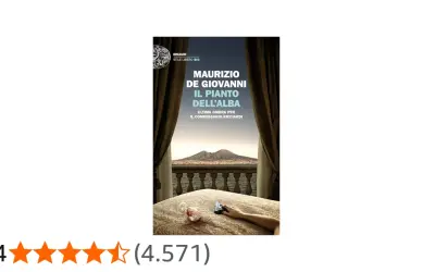 Copertina del libro "Il pianto dell'alba" di Maurizio de Giovanni, con una mano che tiene una pistola su un letto, sullo sfondo il Vesuvio.