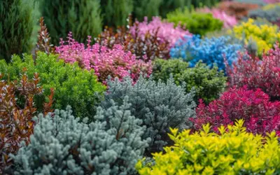 Un parterre coloré de divers arbustes persistants en plein soleil, allant du vert vif au bleu, rose, jaune et rouge.