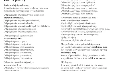 Litania pokory, modlitwa o pokorę Tomasza a Kempis. Tekst zawiera prośby o uwolnienie od pragnień i bojaźni, by serce stało się ciche i pokorne.