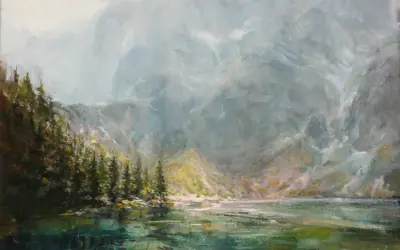 Mroczne tatry w malarstwie, jezioro odbija skaliste szczyty i gęsty las. Mgła spowija górskie zbocza, tworząc tajemniczą atmosferę.