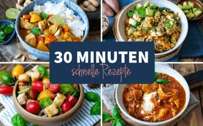 Vier leckere, schnelle Gerichte: Curry mit Reis, Quinoa-Bowl, Tomatensalat und Pasta Bolognese. Perfekt für den Feierabend!