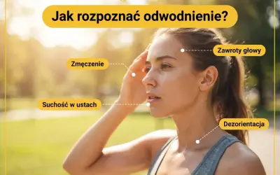 Kobieta z objawami odwodnienia: zmęczenie, suchość w ustach, zawroty głowy, dezorientacja.