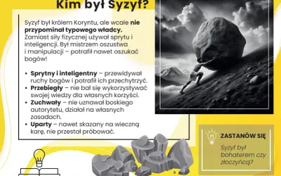 Mit o Syzyfie: król Koryntu, sprytny oszust, który próbował przechytrzyć bogów, skazany na wieczne wtaczanie głazu pod górę.