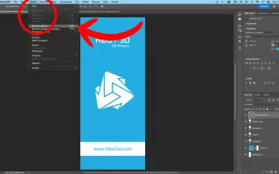Menu "Obraz" w programie Photoshop, z zaznaczoną opcją "Rozmiar obrazu". W tle widoczny projekt graficzny z logo i adresem strony, jakby przygotowany przez **acrobatę** do druku.