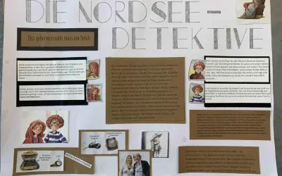 Ein Buchvorstellung Plakat über die Nordsee-Detektive. Zeigt Charaktere, ihre Eltern und wichtige Detektiv-Utensilien.