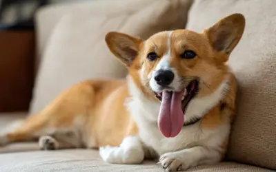 Szczęśliwy corgi leży na kanapie, dysząc z językiem na wierzchu. To normalne, dlaczego pies sapie po zabawie.