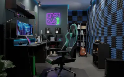 Nowoczesny pokój gamingowy z neonem "OPEN 24h", wygodnym fotelem, komputerem i gitarą.