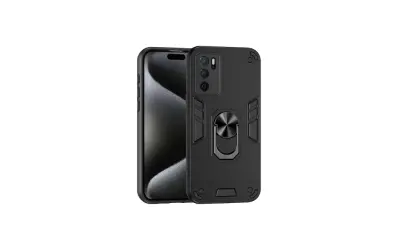 Czarne, wytrzymałe etui na telefon Oppo A16 z pierścieniem na palec i wzmocnionymi narożnikami.