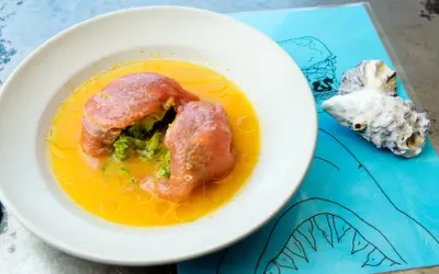 En skål med fisk och grönsaker i en gul vätska, kanske en läcker leche de tigre. Två ostronskal ligger på ett blått underlägg med en hajritning.
