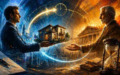 Due uomini si scambiano una casa, simboleggiando una vendita casa con riscatto. Un orologio e una clessidra indicano il tempo.