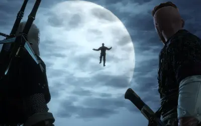 Geralt i Dijkstra patrzą na unoszącą się postać. Czy to ten, kto sieje wiatr w Wiedźminie 3?